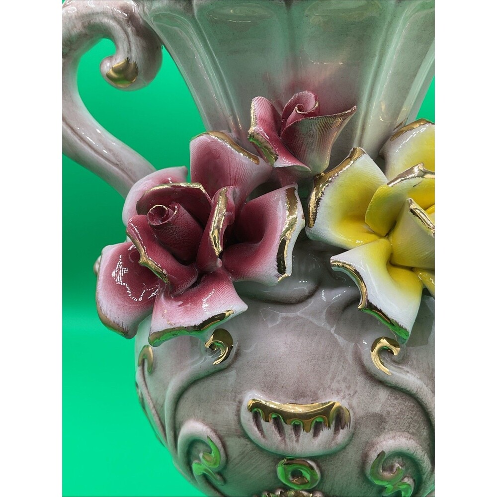 Vintage Porcelain Capodimonie Italian Floral Vase With Three Roses Two Handle - Picture 11 of 17